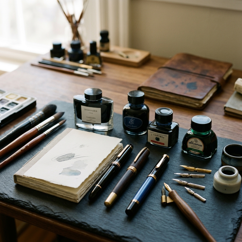 Materiales de escritura y dibujo sobre una mesa de trabajo